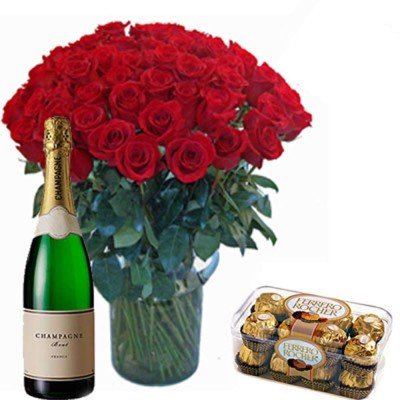 FIFTY RED ROSES VASE WITH FERRERO ROCHER CHOCOLATE AND CHAMPAGNE BOTTLE